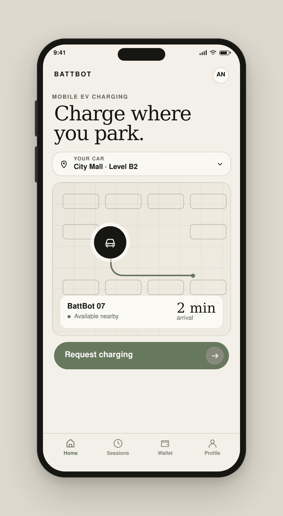 BattBot mobile app showing a nearby autonomous charger